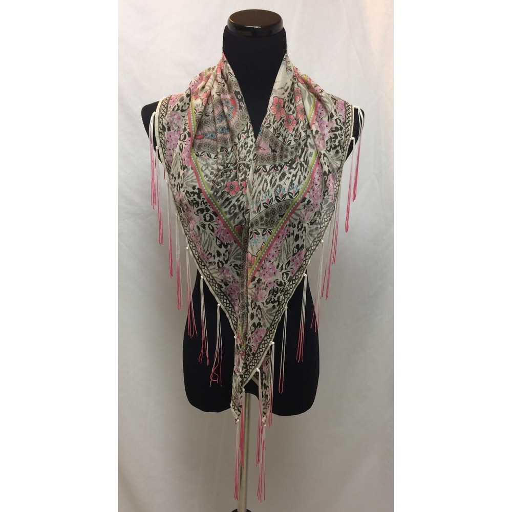 Boho Paisley Floral Animal Print Square Scarf w/ Pink Ombre Fringe Trim Flamenco